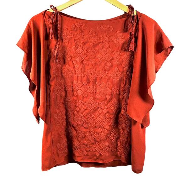 Mossimo Burnt Orange Rust Embroidered Boho Blouse Flutter Dark Fairy Size Medium - Picture 2 of 7